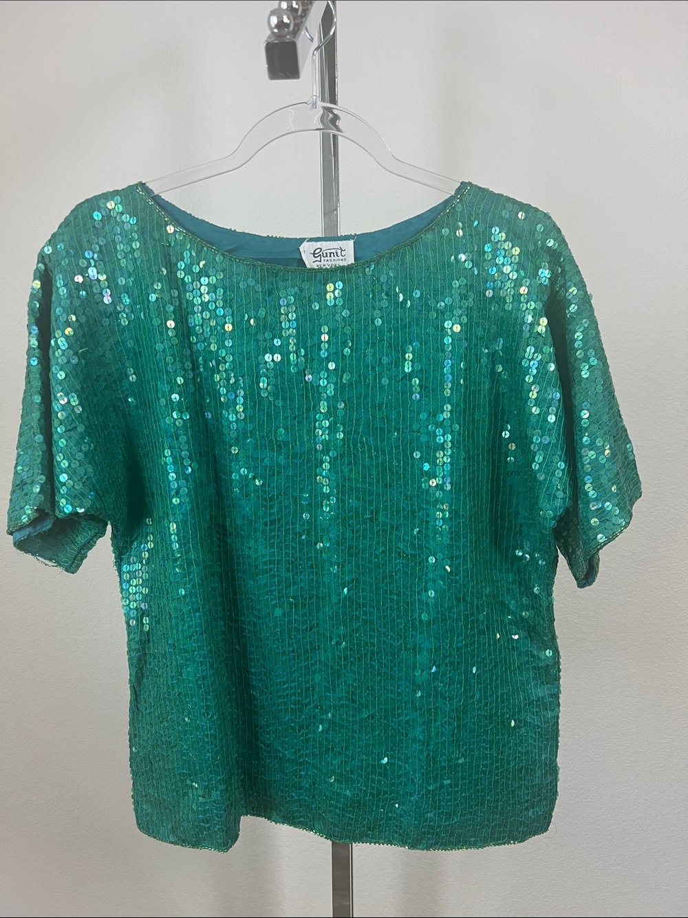 Vintage Gunit Fasions NY Green Sequin Silk Blouse Top Size Medium